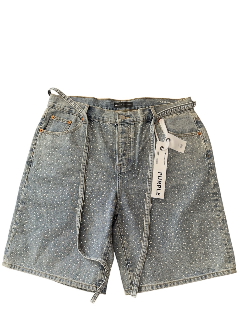 Purple Brand Light Wash Rhinestone Denim Shorts - Blue